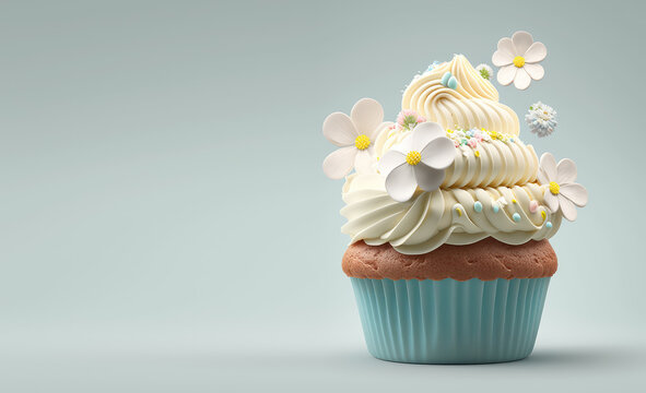 Cute cupcake with cream swirl decorated with flowers isolated on a pastel background. 3d render illustration. Generative AI art. Copy space, cartoon style. Summer banner for bakery.