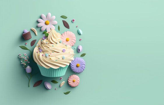 Classic cupcake with cream swirl decorated with flowers isolated on a pastel background. 3d render illustration. Generative AI art. Copy space, cartoon style. Spring banner for pastry shop, top view