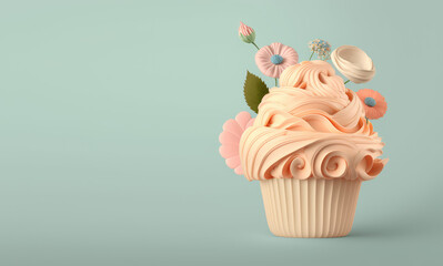 Fototapeta na wymiar Creative cupcake with cream swirl decorated with flowers isolated on a pastel background. 3d render illustration. Generative AI art. Copy space, cartoon style. Spring concept for bakery.