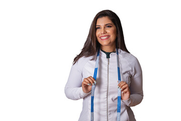 Horizontal photo. brazilian woman with medical coat, nutritionist. measuring tape. slimming.