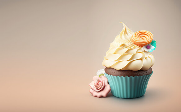 Creative cupcake with cream swirl decorated with flowers isolated on a pastel background. 3d render illustration. Generative AI art. Copy space, cartoon style. Spring concept for pastry shop.