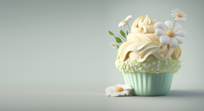 Creative cupcake with cream swirl decorated with flowers isolated on a pastel grey background. 3d render illustration. Generative AI art. Copy space, cartoon style. Summer concept for bakery.