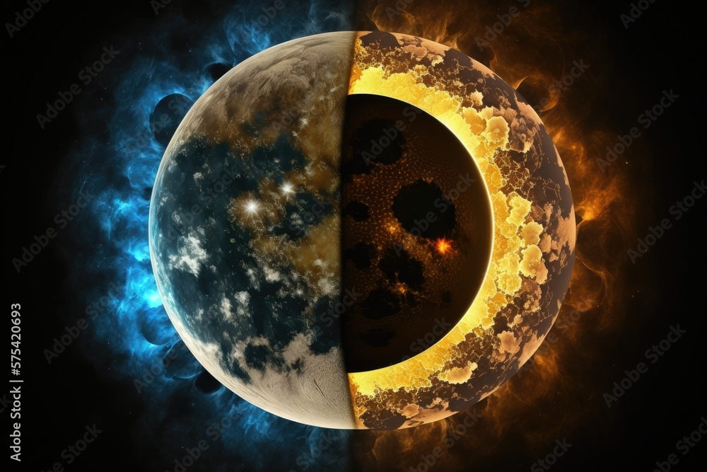 Poster combined totality of the moon and sun a glimpse of earth's surface obscured by a passing satellite. 