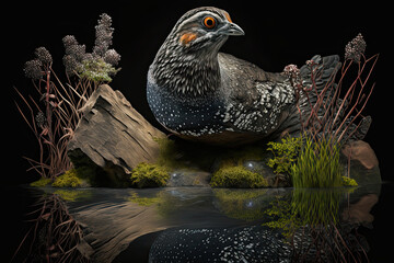 Obraz premium photo of a Hazel grouse in a pond springtime landscape, generative artificial intelligence 