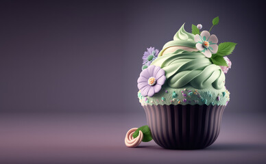 Plakat Creative cupcake with cream swirl decorated with flowers isolated on a dark background. 3d render illustration. Generative AI art. Copy space, cartoon style. Summer dessert concept.