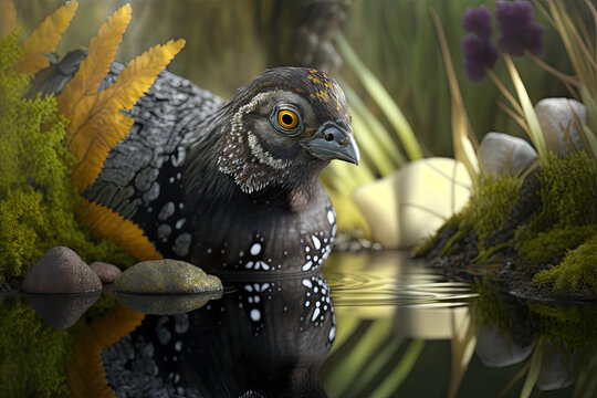  Hazel grouse in a pond springtime landscape, generative artificial intelligence 