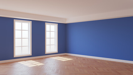 Dark Blue Room with Sunny Rays, Two Windows, White Ceiling and Cornice, Glossy Herringbone Parquet Flooring and a White Plinth. Beautiful Interior Concept. 3D illustration, 8K Ultra HD, 7680x4320