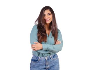 Horizontal photo. Beautiful Brazilian woman, with casual clothes, Jeans and green shirt. crossed arms
