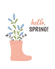 Rubber boot with hand drawn spring flowers. Vector illustration. Cute vector illustration for spring design. Flat vintage style.