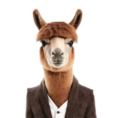 Fototapeta premium Portrait of an alpaca dressed in a formal business suit on white background, transparent png, generative ai