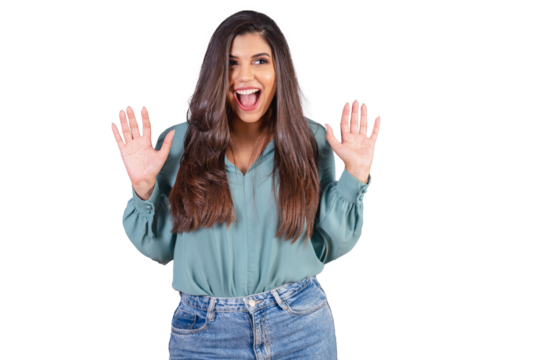 Horizontal photo. Beautiful Brazilian woman, with casual clothes, Jeans and green shirt. Whoa, incredible, unbelievable.
