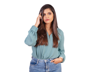 Horizontal photo. Beautiful Brazilian woman, with casual clothes, Jeans and green shirt. sign of reflection, thinking.