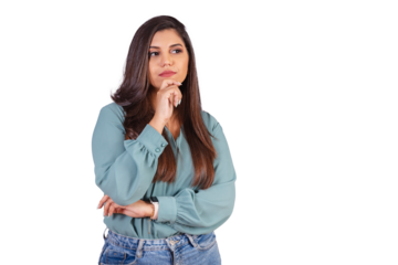 Horizontal photo. Beautiful Brazilian woman, with casual clothes, Jeans and green shirt. sign of reflection, thinking.