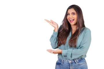 Horizontal photo. Beautiful Brazilian woman, with casual clothes, Jeans and green shirt. displaying advertising on the left.