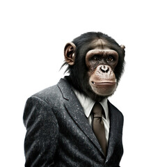 Portrait of a chimpanzee dressed in a formal business suit on white background, transparent png, generative ai