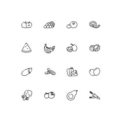 Illustration of 16 line food icons, black icons on white background for healthy lifestyle mobile apps, websites. 