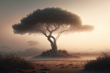 Fototapeta na wymiar The tree of life in the fog. Ai generative