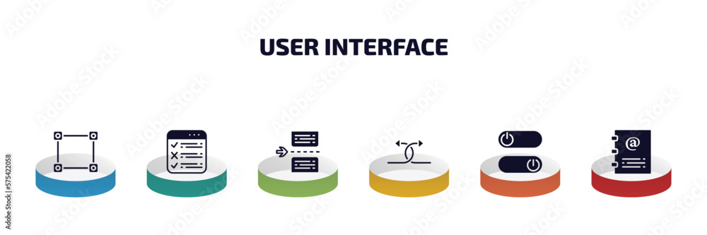 Poster user interface infographic element with filled icons and 6 step or option. user interface icons such