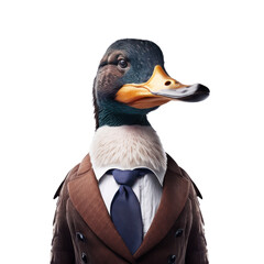 Portrait of a duck dressed in a formal business suit on white background, transparent png, generative ai