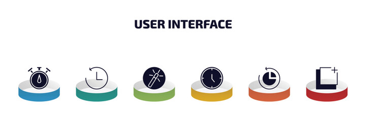user interface infographic element with filled icons and 6 step or option. user interface icons such as stopwatches, past, magic wand button, hours, reload pie chart, new tab button vector.