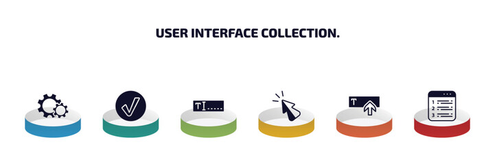 user interface collection. infographic element with filled icons and 6 step or option. user interface collection. icons such as wheels, round done button, text box, cursor arrow, text in, numbering