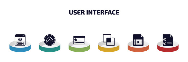 user interface infographic element with filled icons and 6 step or option. user interface icons such as accounts, up chevron, window scrolling right, intersect, video file, confirmity vector.