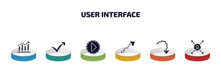 user interface infographic element with filled icons and 6 step or option. user interface icons such as evolution, check mark arrow, movie play button, scribble broken line, squiggly arrow,