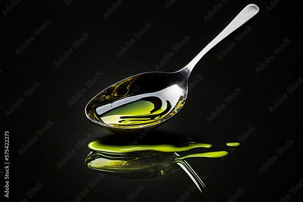 Poster a drop of olive oil sitting on a spoon on a black backdrop. cuisine. generative ai