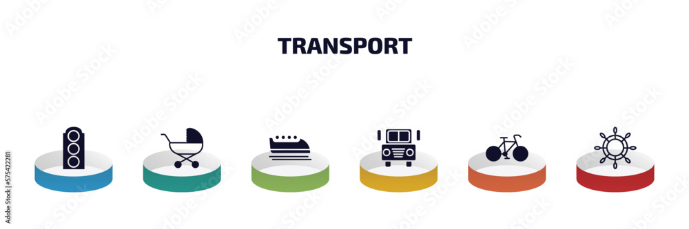 Poster transport infographic element with filled icons and 6 step or option. transport icons such as semaph