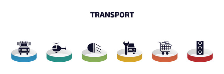 transport infographic element with filled icons and 6 step or option. transport icons such as school van, small helicopter, car lights, car repair, cart with boxes, car traffic vector. © Farahim