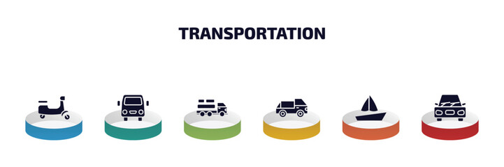 transportation infographic element with filled icons and 6 step or option. transportation icons such as scooter bike, van front view, cargo truck, midget car, sail boat, car vector.