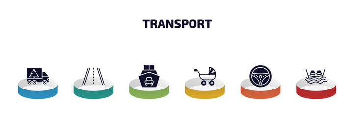 transport infographic element with filled icons and 6 step or option. transport icons such as recycling truck, road with broken lines, ferry carrying cars, pram, steering, ferry vector.