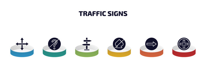 Obraz premium traffic signs infographic element with filled icons and 6 step or option. traffic signs icons such as crossroads, no doubt, road, no gambling, one way, hospital vector.