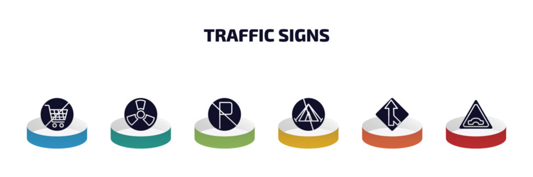 traffic signs infographic element with filled icons and 6 step or option. traffic signs icons such as no shopping cart, nuclear, no parking, no camping, merging, bridge road vector.