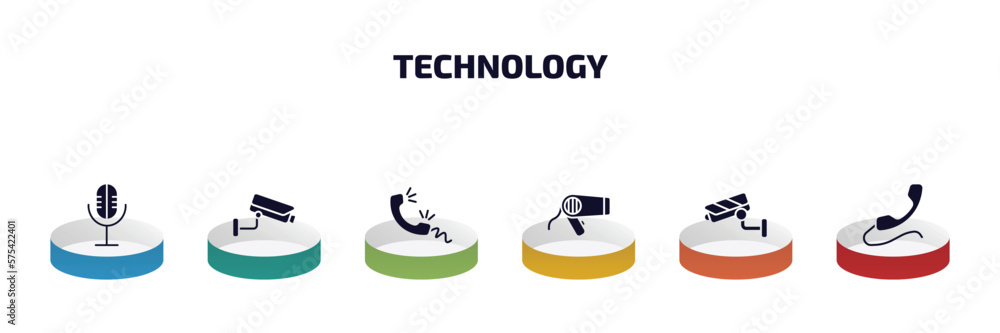 Poster technology infographic element with filled icons and 6 step or option. technology icons such as basi