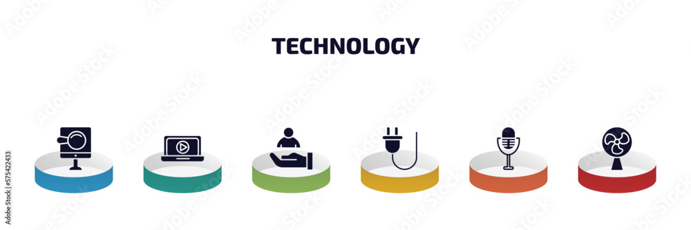 Poster technology infographic element with filled icons and 6 step or option. technology icons such as digi