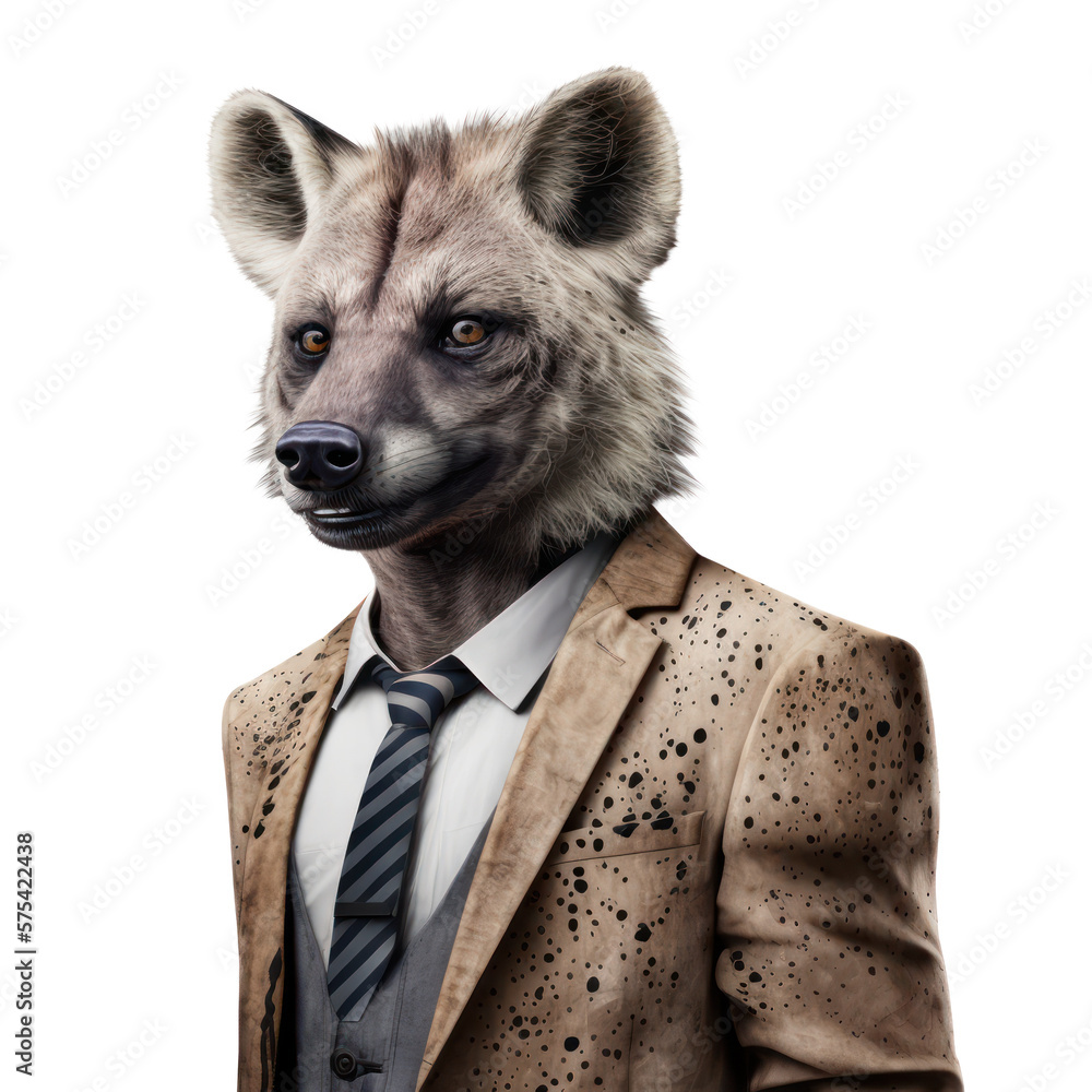 Wall mural Portrait of a hyena dressed in a formal business suit on white background, transparent png, generative ai - Wall murals