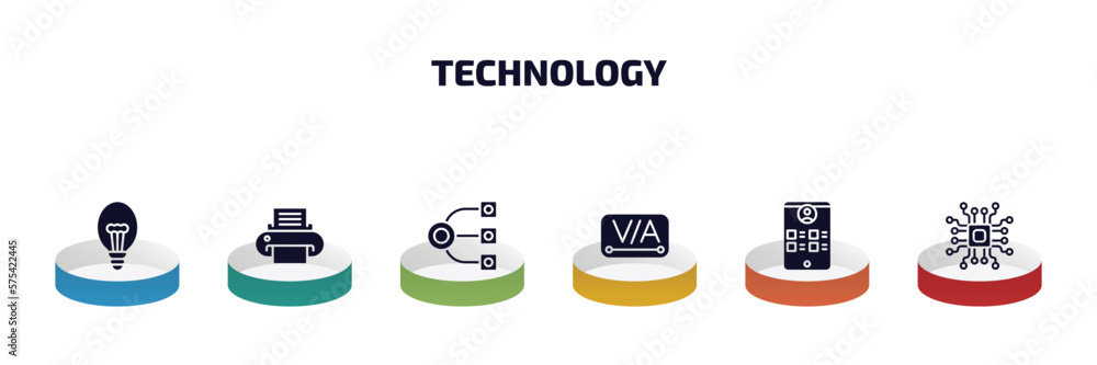 Poster technology infographic element with filled icons and 6 step or option. technology icons such as elec