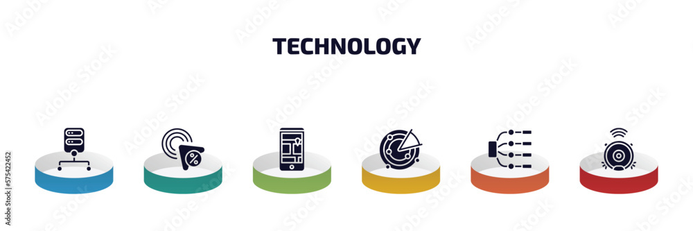 Poster technology infographic element with filled icons and 6 step or option. technology icons such as data