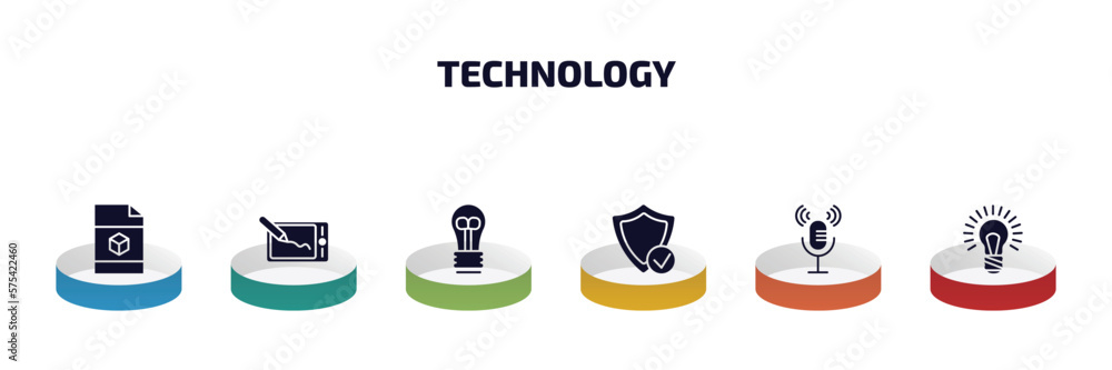 Poster technology infographic element with filled icons and 6 step or option. technology icons such as cad,