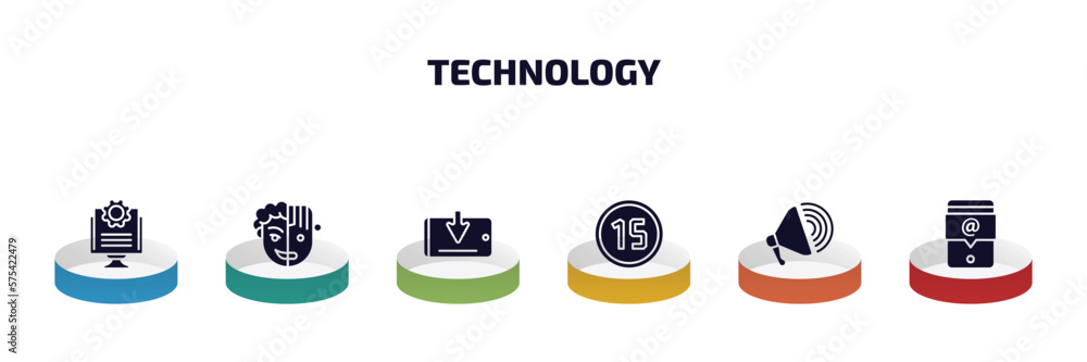 Poster technology infographic element with filled icons and 6 step or option. technology icons such as ide,