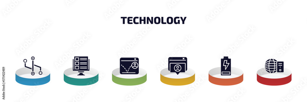 Poster technology infographic element with filled icons and 6 step or option. technology icons such as vers
