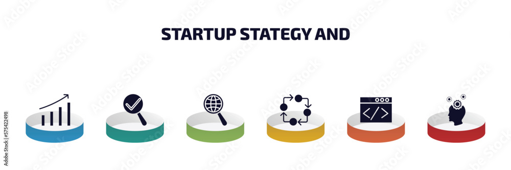 Poster startup stategy and infographic element with filled icons and 6 step or option. startup stategy and 