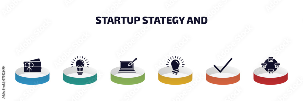 Poster startup stategy and infographic element with filled icons and 6 step or option. startup stategy and 