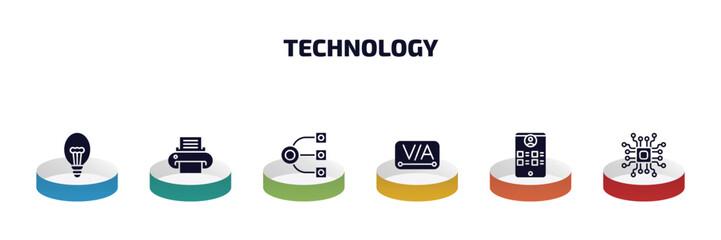 technology infographic element with filled icons and 6 step or option. technology icons such as electric light bulb, paper printer, structural elements, kerning, wireframe, elements vector.