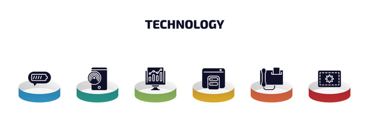 technology infographic element with filled icons and 6 step or option. technology icons such as battery status, native apps, growth hacking, caching, fax phone, vector. © Farahim
