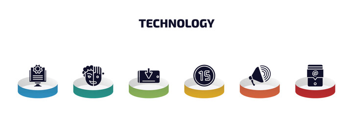 technology infographic element with filled icons and 6 step or option. technology icons such as ide, humanoid robot, receive, digital number 15, call to action, mentions vector.