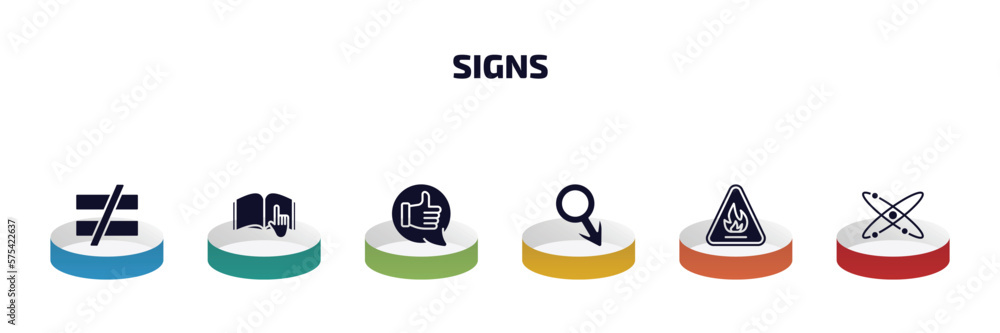 Aufkleber signs infographic element with filled icons and 6 step or option. signs icons such as is not equal t