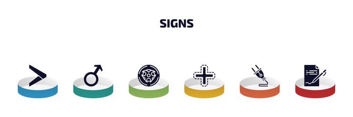 Obraz premium signs infographic element with filled icons and 6 step or option. signs icons such as is greater than, male, radioactive, addition, plug, vector.