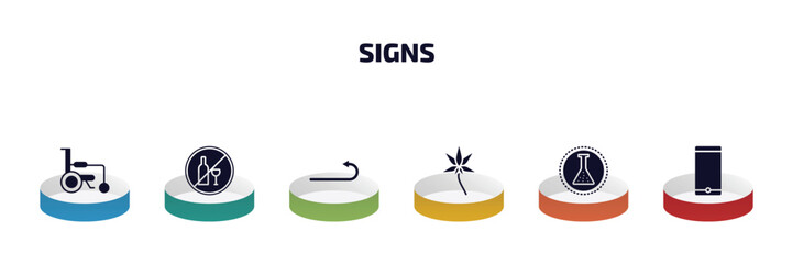 signs infographic element with filled icons and 6 step or option. signs icons such as wheelchair, no alcohol, turn, marijuana, chemical products, smarthphone vector.
